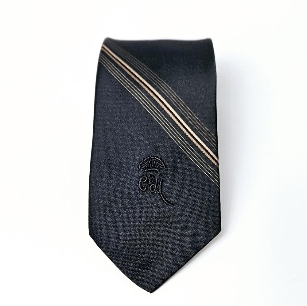 Vintage Countess Wara Black Tan Striped Necktie Classic Business Tie